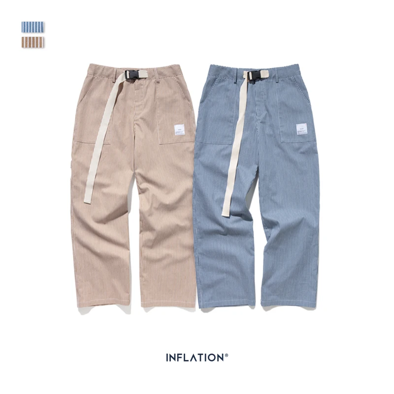 INFLATION Men Casual Pants Winter Streetwear Old Fashion Stripe Pants Straight Elastic Waist Casual Stripe Men Pants 93421W
