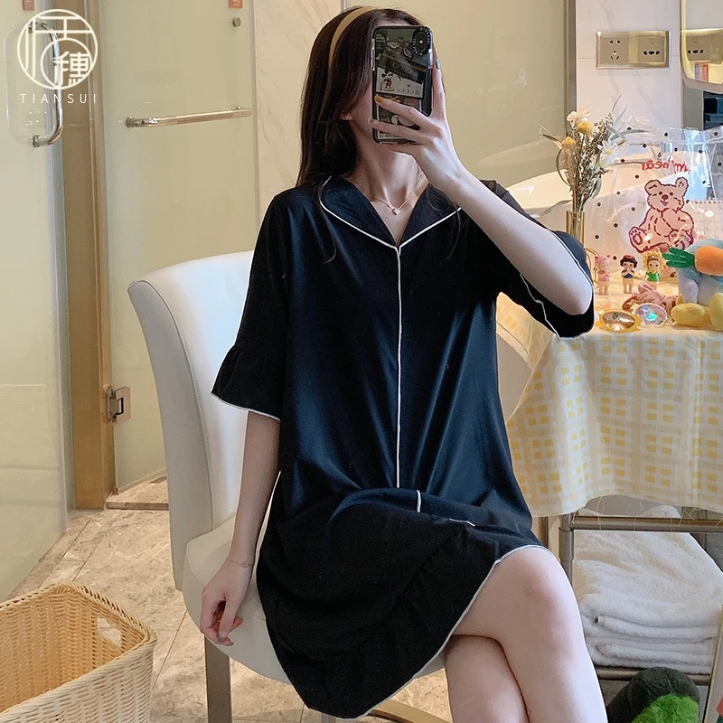 

Ночная рубашка Tian женская летняя, пикантная Милая пижама из вискозы с коротким рукавом для отдыха, тонкая свободная шелковая рубашка, больш...