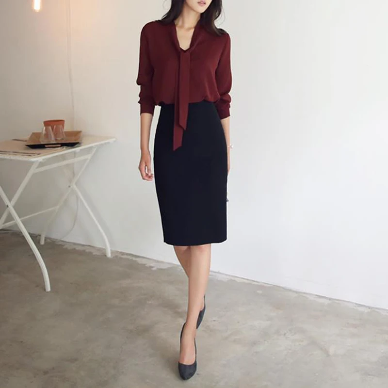 Офисные женские элегантные Однотонные блузки с длинным рукавом модные корейские
