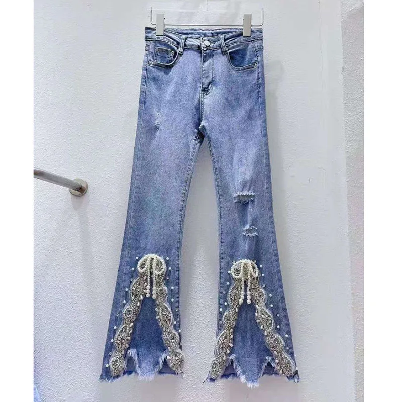 

2021 Diamond Beaded Bowknot Stretch High Waist Slim Irregular Bell-Bottom Pants Ripped Denim Trousers for Women