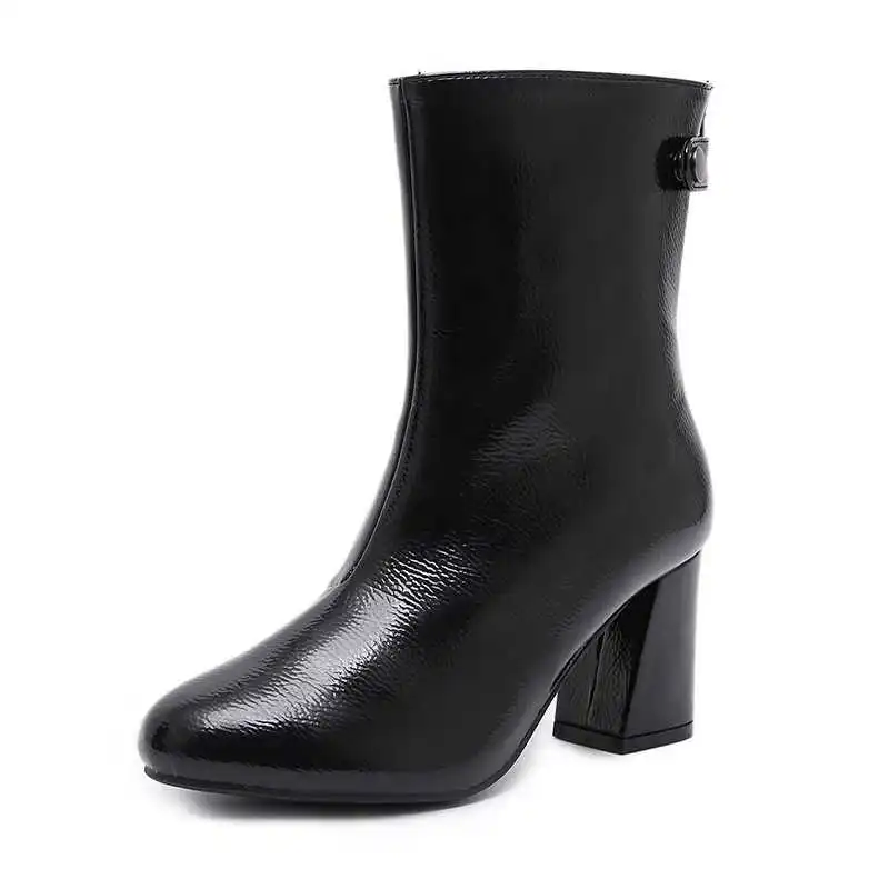 

winter black leather shoes for women thick heels boots
