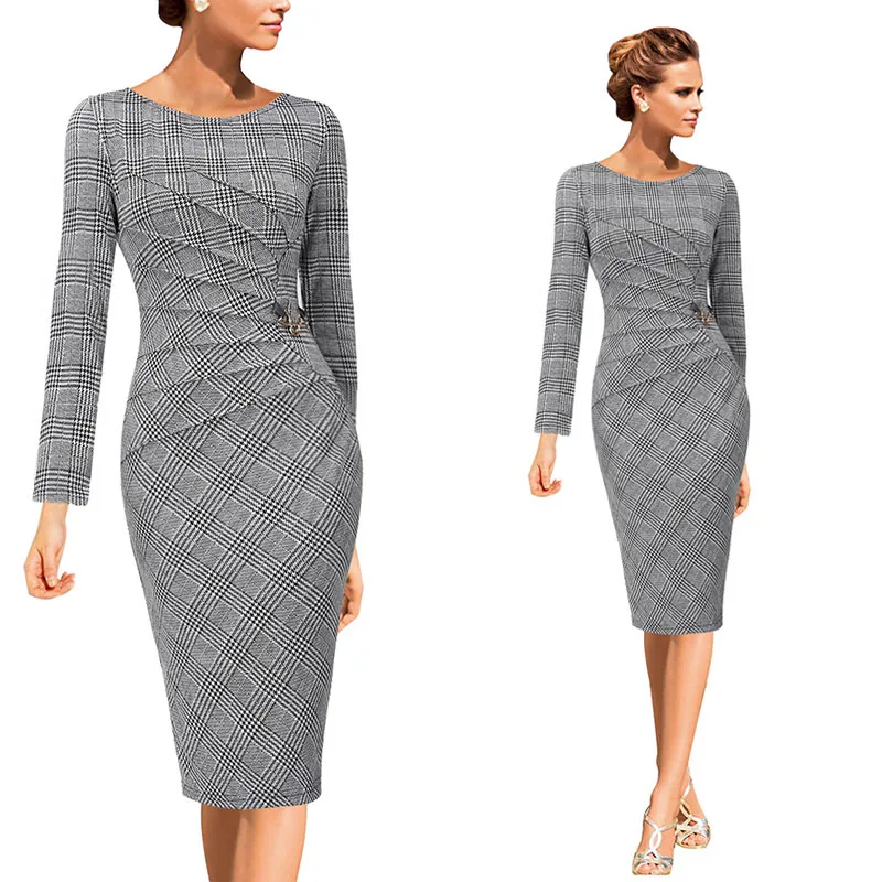 Black Houndstooth 2 Vfemage, женское элегантное винтажное платье знаменитостей с рюшами, одежда для работы, офиса, бизнеса, повседневные, вечерние, облегающее платье-карандаш, 1041 - Цвет: Black Houndstooth 2