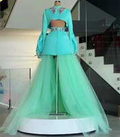 two pieces party dresses crystals designer long puffy sleeves evening gowns candy color with tulle customize robe de mari%c3%a9e
