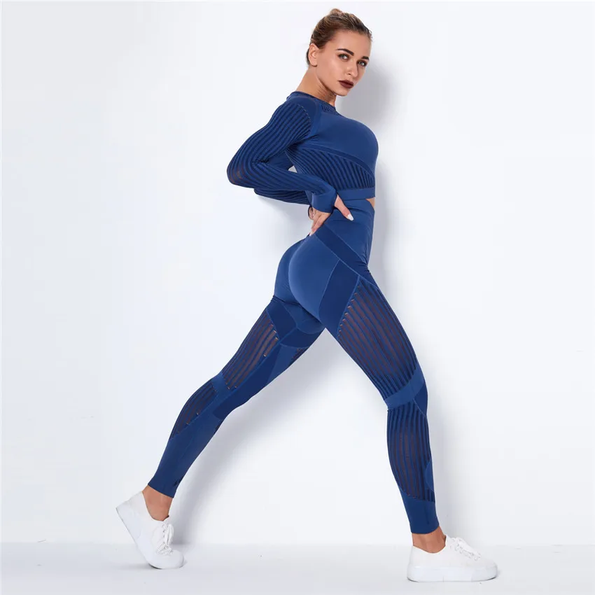 

Seamless knitted moisture wicking yoga long-sleeved suit yoga suit sports fitness running trousers + upper sleeve shirt DS52