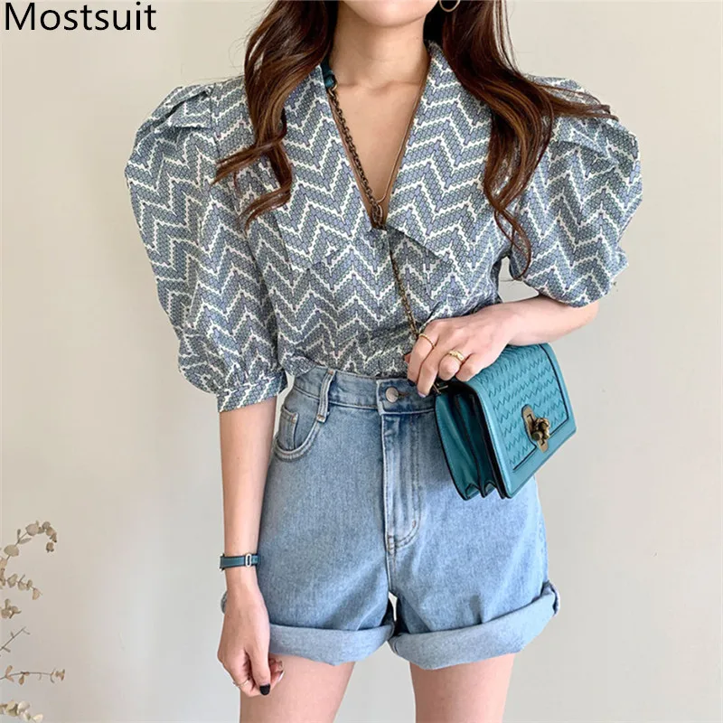 

2020 Summer Korean Striped Blouses Shirts Women Puff Sleeve Turn-down Collar Vintage Fashion Female Tops Blusas Mujer