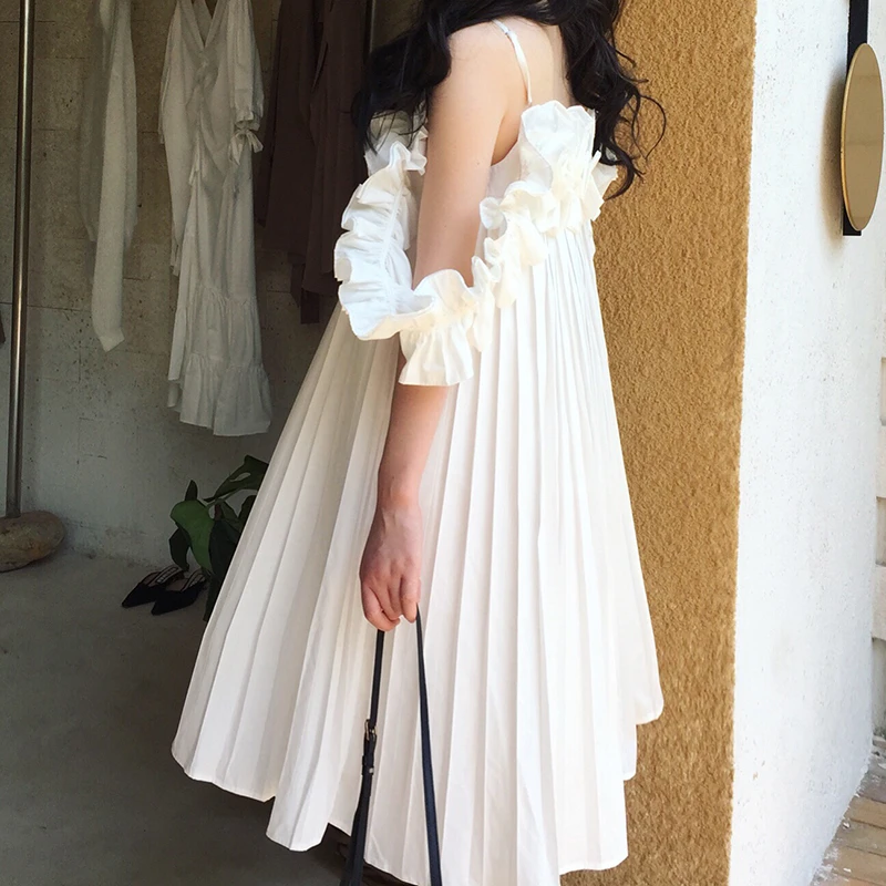 TWOTWINSTYLE Elegant Striped Ball Gown Dress Square Collar Spaghetti Strap Loose Patchwork Ruffles Midi Dresses For Female Tide | Женская