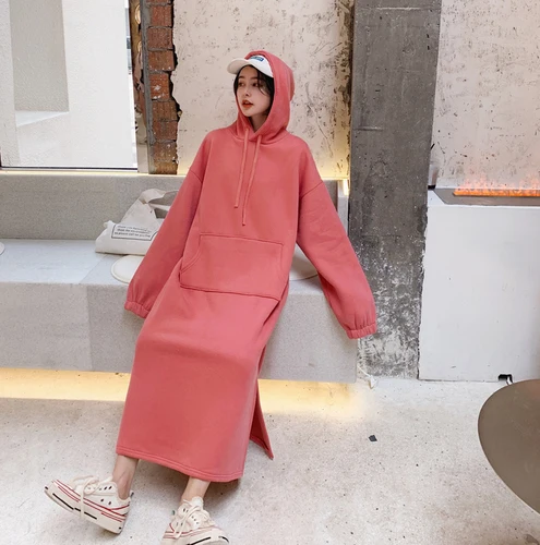 

2019 Autumn And Winter New Solid Color Loose Long Section Split Hooded Skirt Plus Velvet Thick Velvet Shirt Lazy Dress