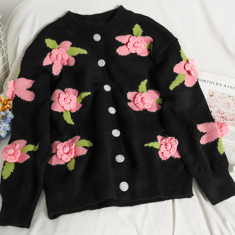 

Women's Autumn Sweet 3D Pink Flowers Single-breasted Knit Cardigan & Short Knit Sweater Coat