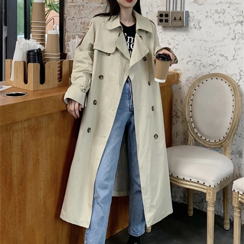 

YOSICIL Vintage Autumn Long Trench Coat Women Double Breasted Drawstring Sleeve Casual Windbreaker Turn Down Collar Ladies Coats