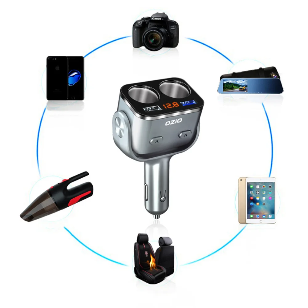 

12V-24V Auto Car Dual USB Charger Adapter Dual Cigar Lighter Rotation Car Voltage Diagnose Display (Silver)