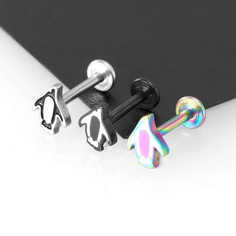 

1PC 16G Stainless Steel Penguin Style Labret Monroe Lip Ring Cute Animal Ear Studs Tragus Helix Earring Stud Piercing Jewelry