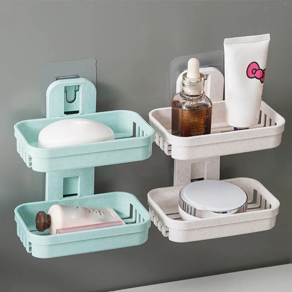 

Bathroom Suction Cup Soap Dishes Plastic Holders Wall-mounted Double-deck Creative Drainage Soap Storage Double Racks