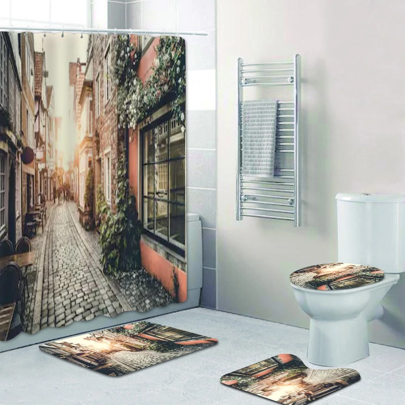 

Ретро винтажная уличная 3D занавеска для душа в комплекте для ванной комнаты Европейский пейзаж старого города занавеска для ванной s коврики ковер домашний декор