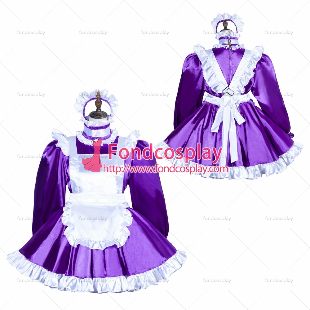 

fondcosplay adult sexy cross dressing sissy maid Purple satin dress lockable Uniform white apron costume Tailor-made[G3765]