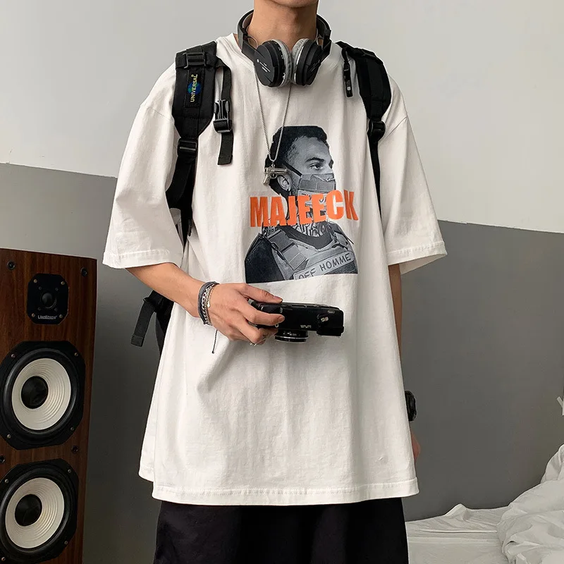 

2021 Men's T-shirt Summer Loose Five-point Sleeve Japanese Trend Short-sleeved Personality Pattern Printing Indifferent Top
