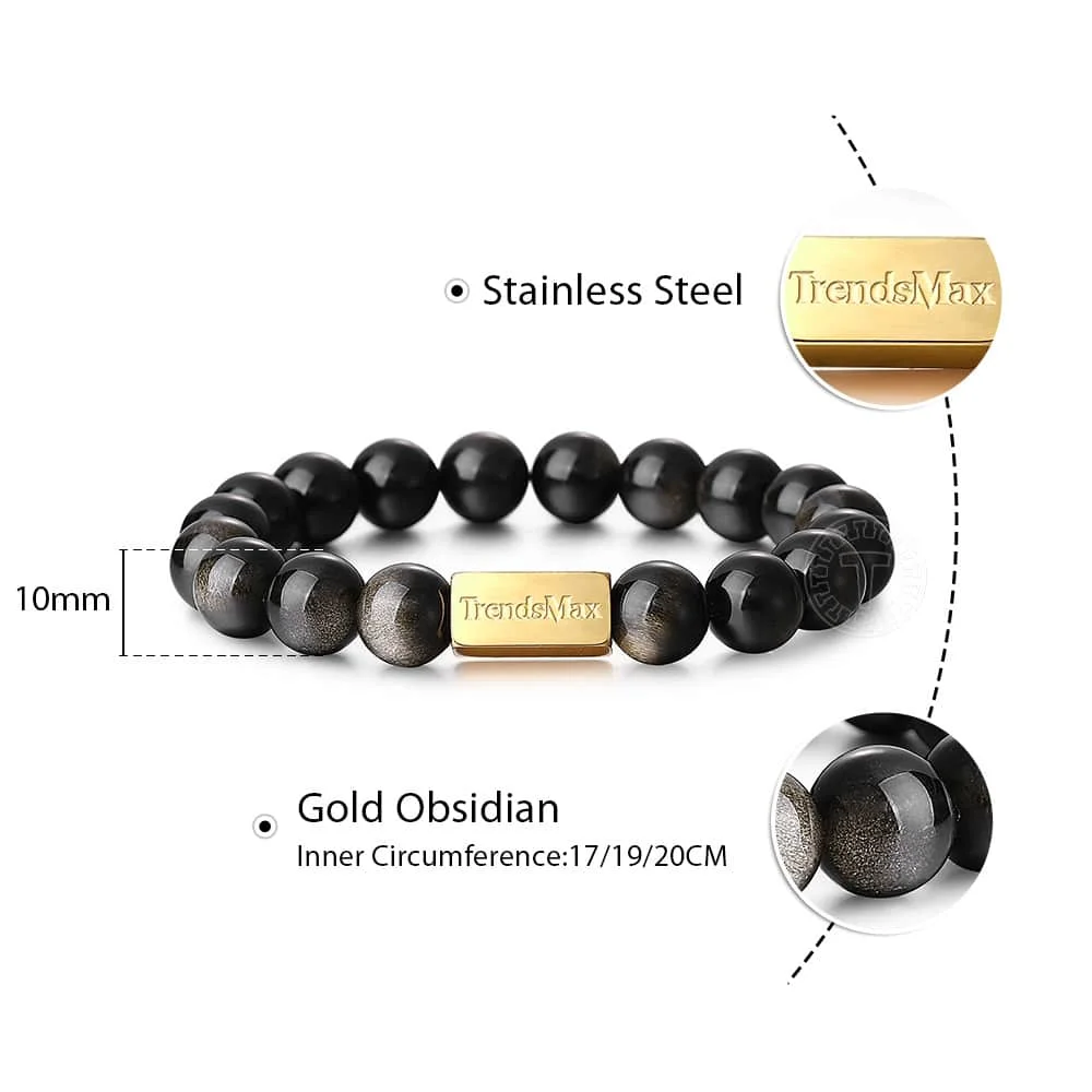 08 Gold Obsidian 10 мм растягивающийся браслет из натурального камня с бусинами для мужчин и женщин, серебро 925 пробы, камень лавы, Орел, тигровый глаз, эфирное масло, гравировка, подарок TBB016 - Цвет камня: 08 Gold Obsidian