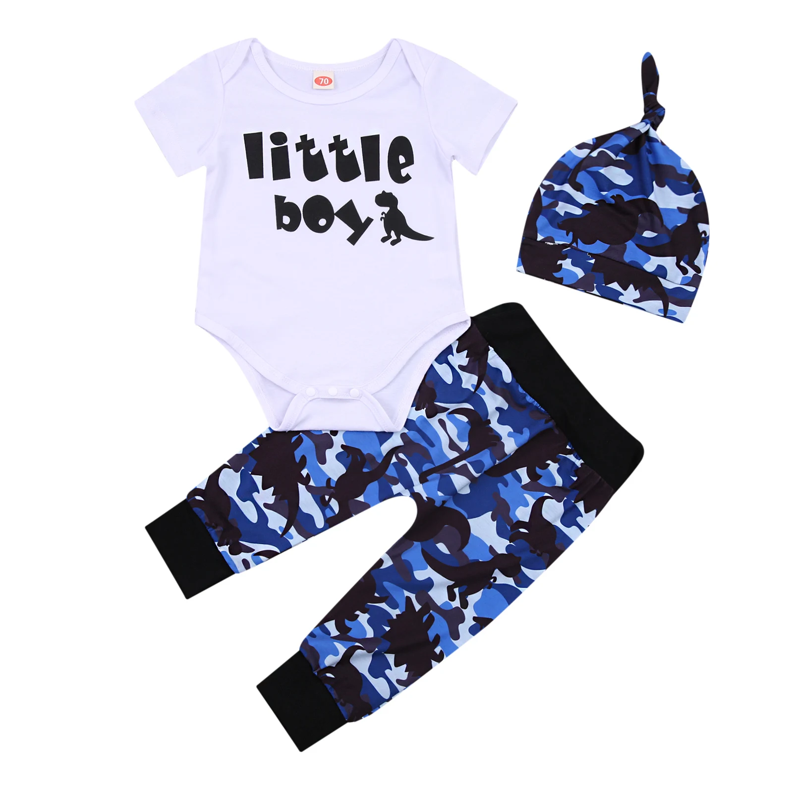 

pudcoco 0-18 Months Baby Boy's 3Pcs Romper Set, Short Sleeve Triangle Bodysuit with Camouflage Long Pants and Hat for Summer