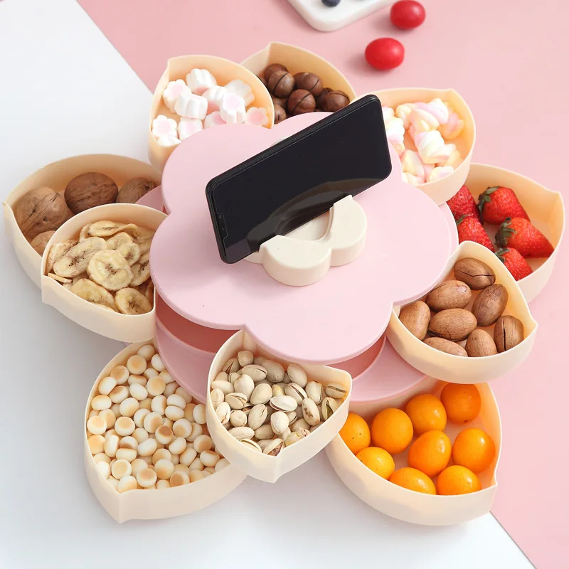 

Creative Petal Candy Box Mobile Phone Holder Rotating Dried Fruit Tray Snack Box Double Grid Fruit Tray Household Nut Box