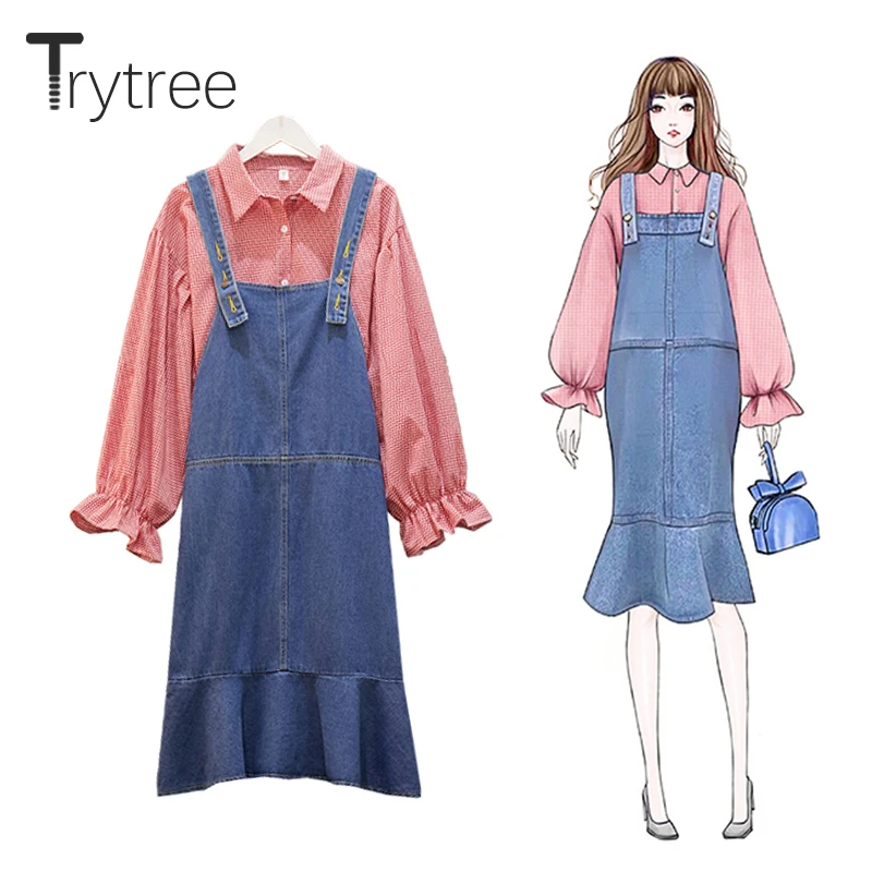 

Женский Повседневный комплект из двух предметов Trytree 2020 AW, Клетчатая блузка с отложным воротником и пышными рукавами + джинсовое платье с об...