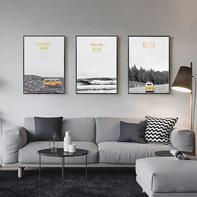 Путешествия желтый автобус море природный пейзаж Северный плакат печать