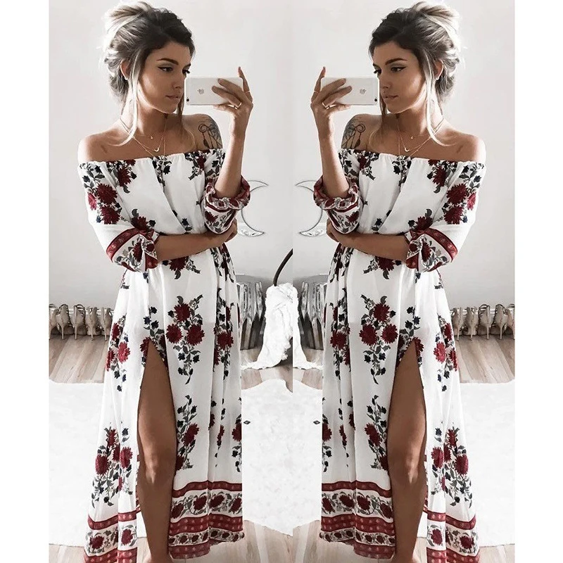 

2020 Summer Boho Beach Off Shoulder Vintage Floral Printed Women Long Dress Half sleeve Loose Dress