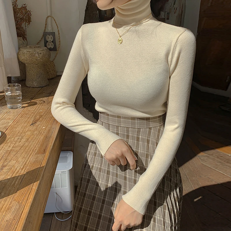 Пуловер однотонные винтажные жилеты Осень-зима свитер водолазка Женский вязаный