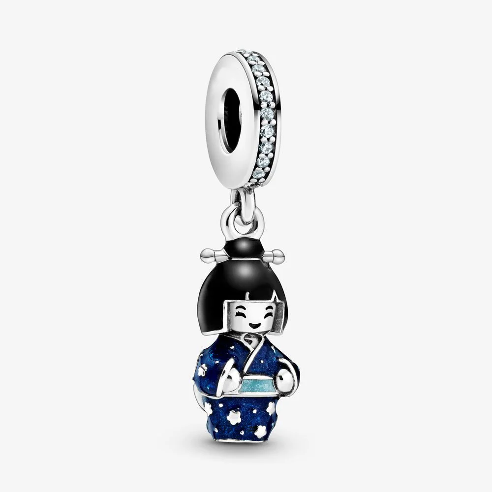 100% серебряные бусины 925 пробы apanese Doll в синей фотоподвеске подходит для