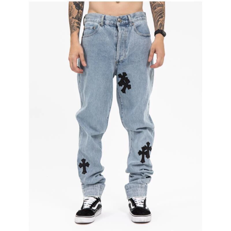 

New Genuine Leather Cross Jeans For Men 2021 High Street Chrome Jeans Homme Loose Straight Hearts Pants Moto Trouse