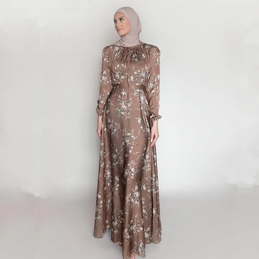 New Flowers Printed Silky Muslim Dress Long abayas Robes Fancy Maxi Dress French Stylish Modesty Islamic Dress With Belt Wy610