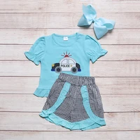 summer girls clothes elastic cuffs blue short sleeve top and black plaid shorts black car embroidery toddler girl outfits