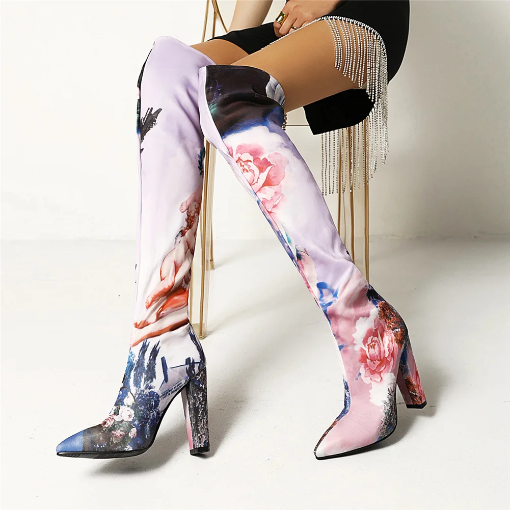 

2021 Brand New Ladies Fashion Print Thigh High Boots Pointed Toe Thick High Heels Over The Knee women's Boots Sexy Shoes Woman