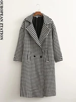 women 2021 fashion houndstooth double breasted woolen coat vintage long sleeve side pockets female outerwear chic overcoat