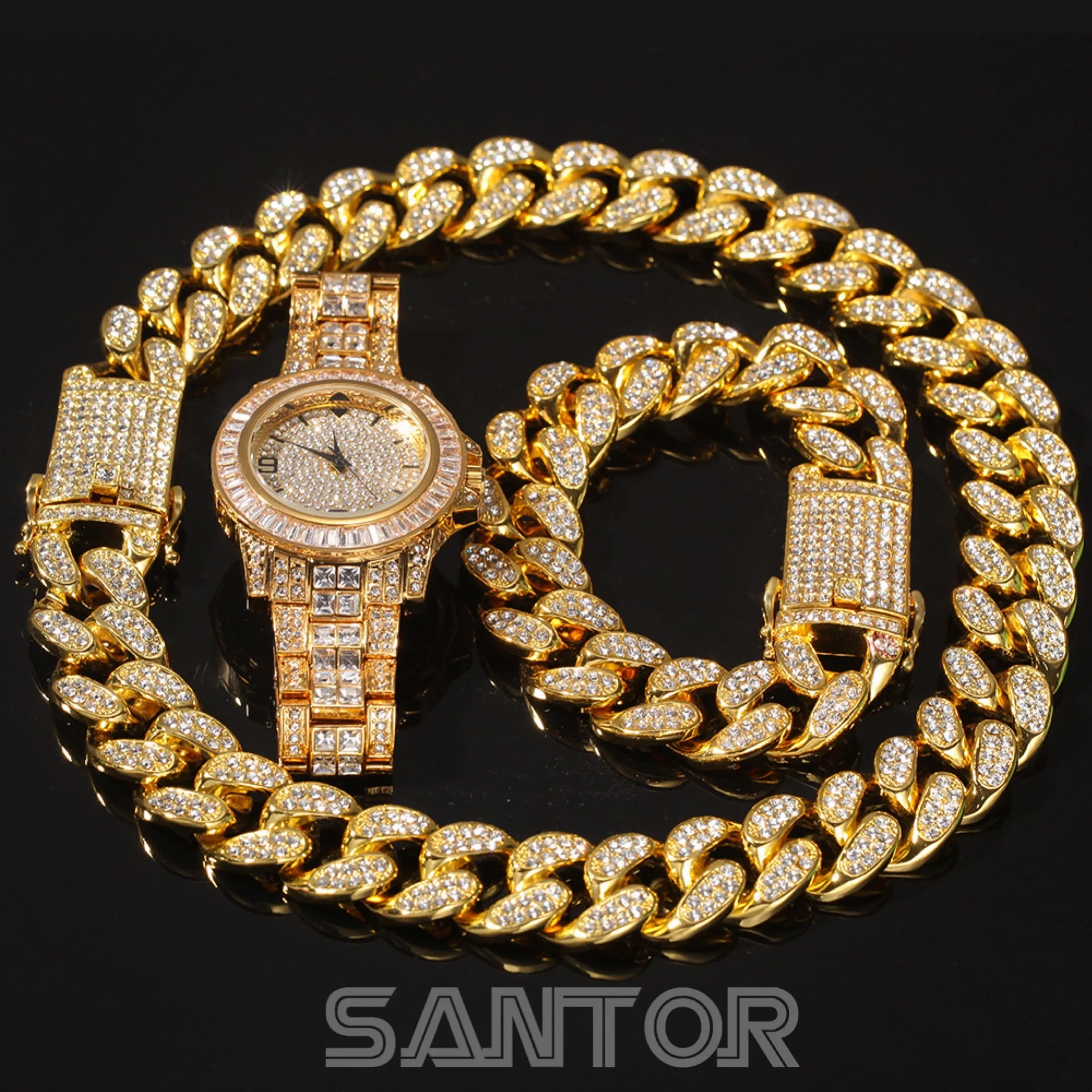 

Santor Gold Plated Necklace Watch Bracelet Hip Hop Miami Curb Cuban Chain Iced Out Paved Rhinestones CZ Bling For Men Jewelry