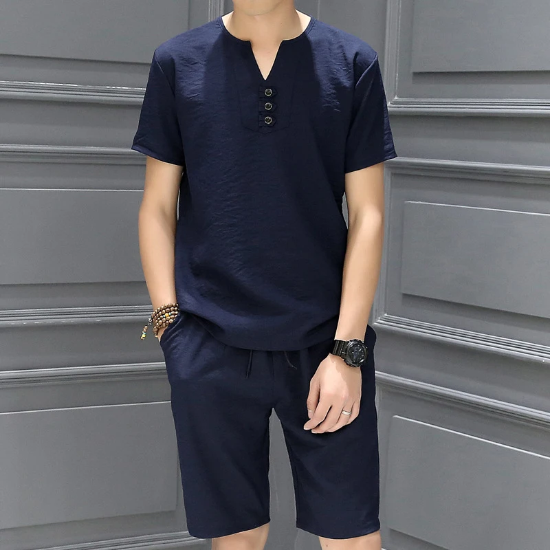 

Men 2022 Summer New Chinese Traditional Clothing Vintage Solid Color V Neck Tops Casual Short Sleeve Loose Soft Tang Suit