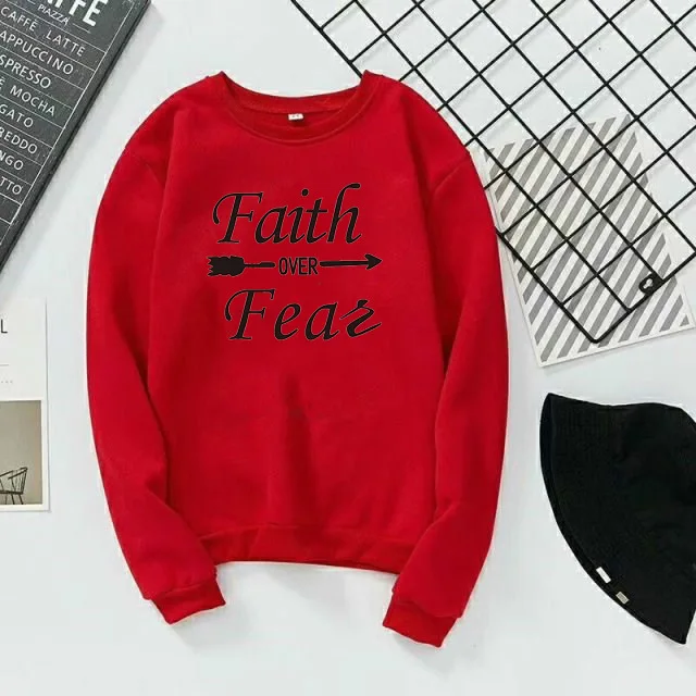 

Faith over feas letters printing round collar fleece winter leisure coat hot style neck sweater autumn casual top