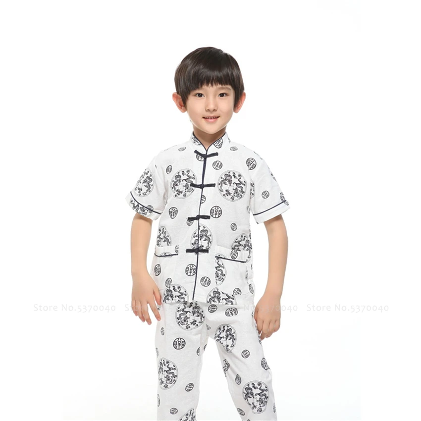 Традиционный китайский костюм Тан льняная футболка ханьфу для мальчиков свободные штаны детские топы с ушу