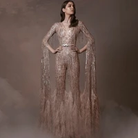luxurious beading evening dress long sleeves sequins feather jumpsuit dubai prom dress glitter women party gowns