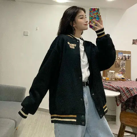 

Spring and autumn new baseball uniform female student Gangfeng big size versatile cardigan Korean loose fat mm show thin
