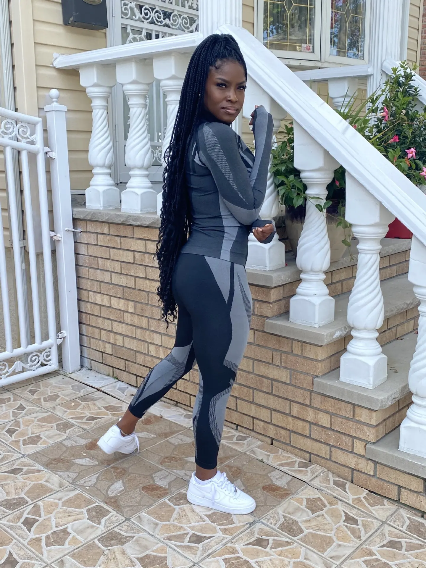 

Women skinny patchwork tracksuit 2 piece outfits long sleeve crop top sporty leggings matching set casual fitness cloth