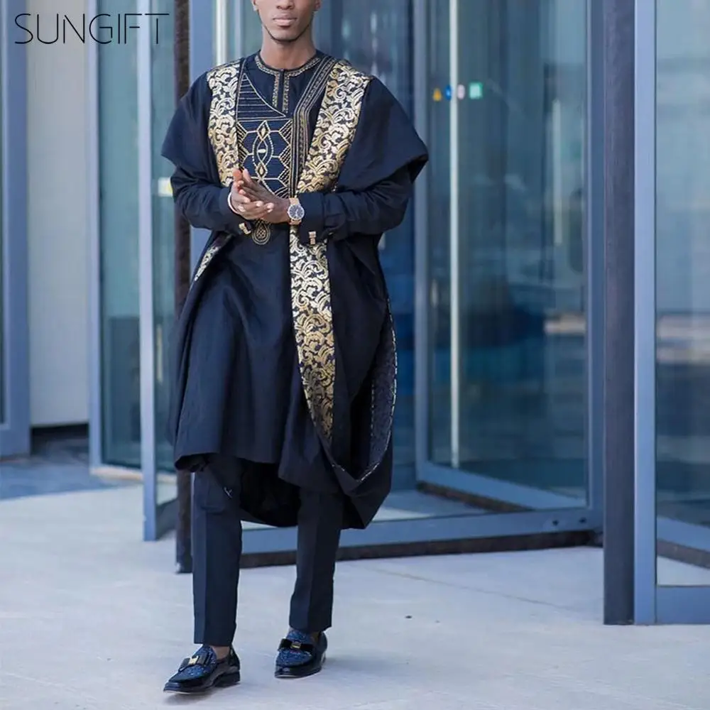 SUNGIFT Мужская традиционная одежда в африканском стиле с принтом Agbada Топ dashiki рубашки и брюки Boubous Slim Fit наряды 3 шт.(M-6XL
