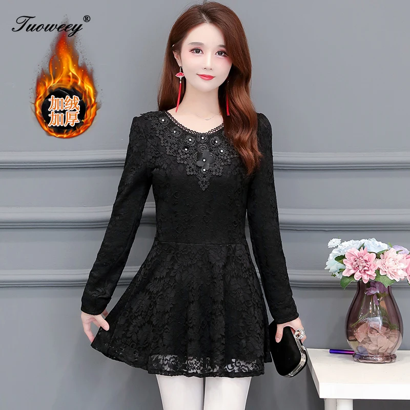 

Women clothing warm velvet floral red Autumn 4XL lace Shirt Tops basic female Elegant long-sleeve Lace Blouses shirts