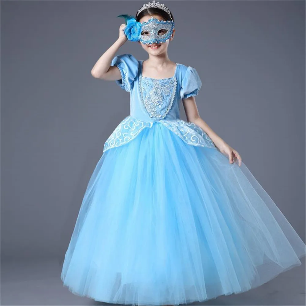Платье Золушки для девочек маскарадные костюмы детская синяя одежда с
