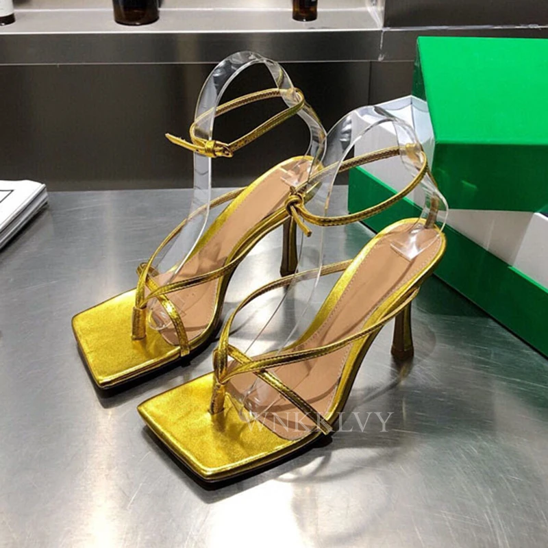 

Sexy Square Toe Narrow Band Sandals Women High Heel Summer Shoes Ankle Strap Real Leather Simple Sandals Candy Color Dress Shoes