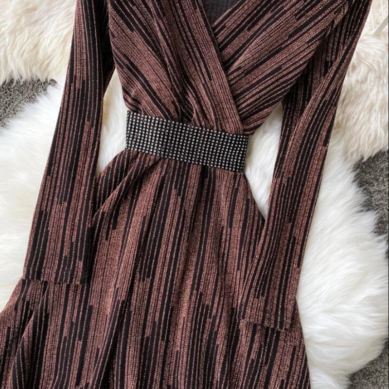 

2021 Spring Autumn Women Dress Solid Color V-neck Long Sleeve Bright Silk Vintage Dress Elegant Party Dress Female Vestidos