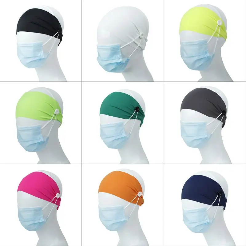 

Fashion Unisex Sport Wide Headband with Button Mask Holder Solid Color Head Wrap Turban