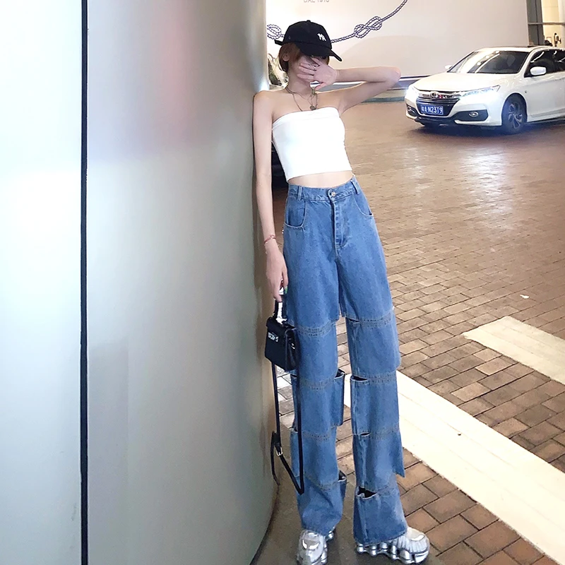 

2020 Fall Fashion Hot Sale Women's Blue High Waist Dislocation Cut Wide Leg Pants Super Personality Denim Pants Women #8383