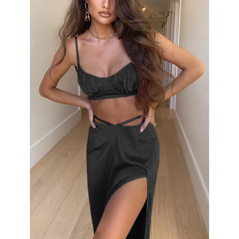 

Sexy Women 2 Piece Dress Set 2021 Spaghetti Straps Sleeveless Hollow Out High Split Fashionable Commuter Mermaid Skirt