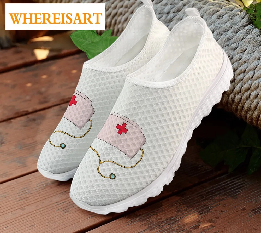 

WHEREISART Cute Cartoon Nurse Hat Stethoscope Pattern Slip On Flats Sneakers Women Casual Ladies Shoes White Beach Summer Shoe