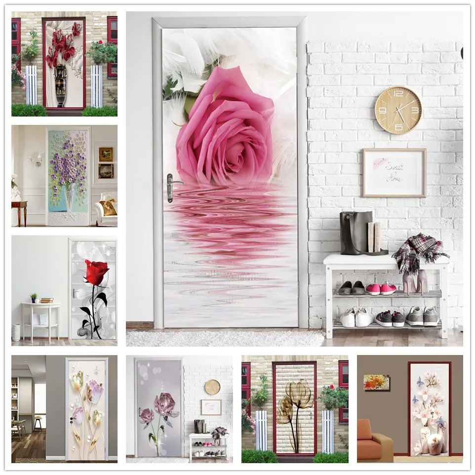 

Красивые наклейки на двери с цветами, самоклеящиеся водонепроницаемые обои для дверей, гостиной, спальни, домашний декор, художественный пл...