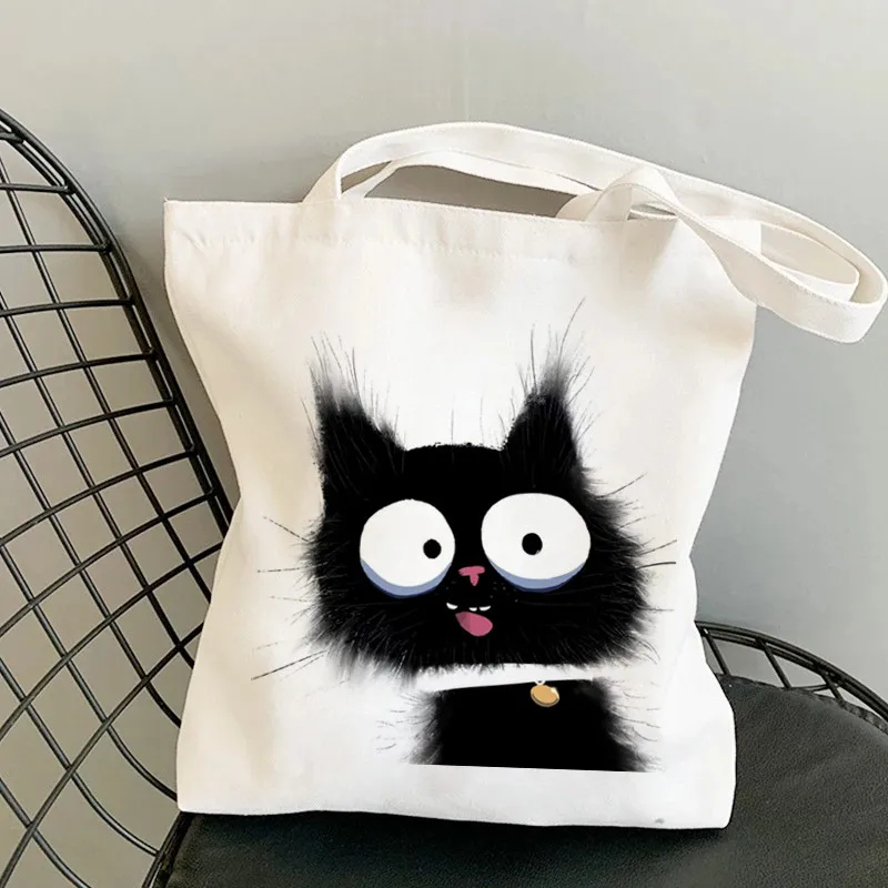 

Cute Tote Bag Animals Black Cat Print Canvas Bag Eco Shopping Bag Daily Use Foldable Handbag Large Capacity Canvas Tote Women
